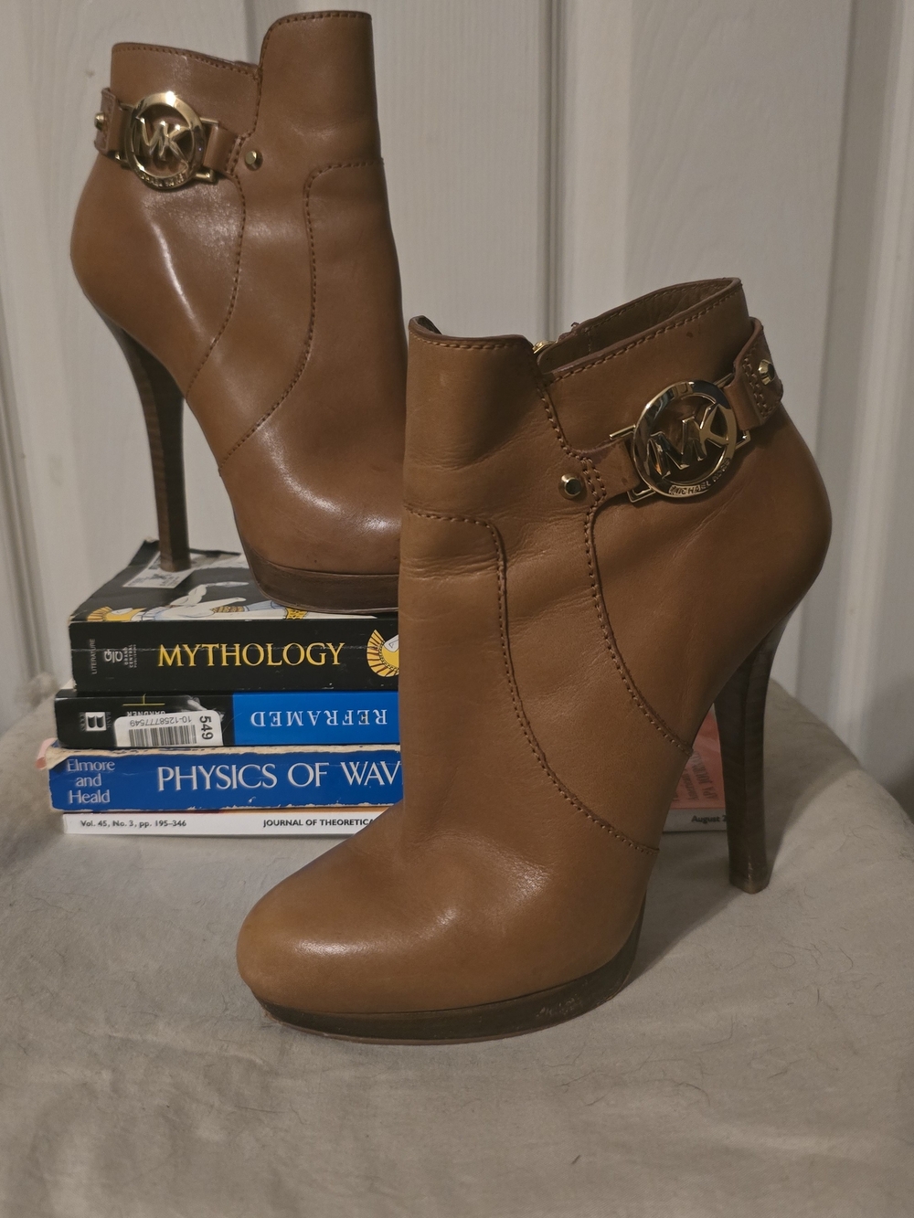 Michael Kors Cognac Leather High Heel Ankle Booties with Gold MK Accent